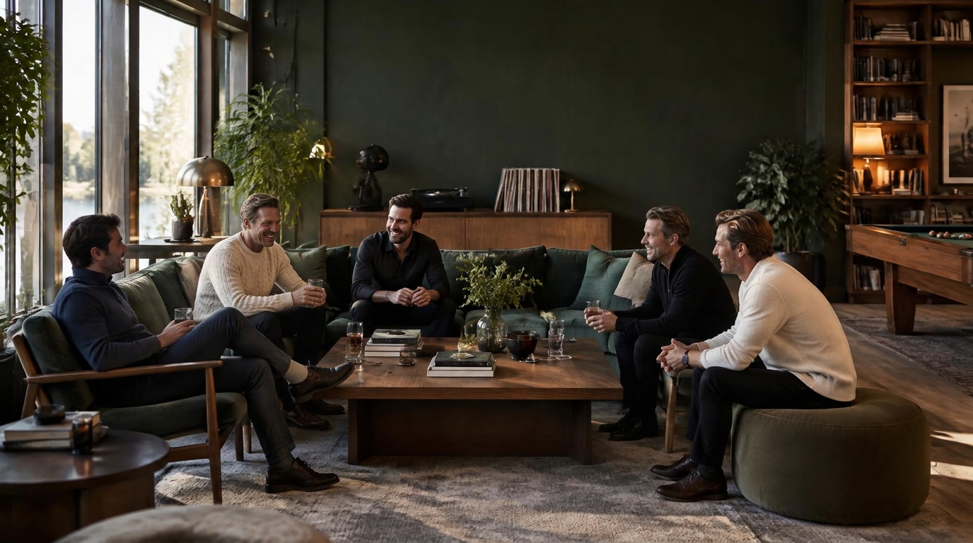 Ett sällskap umgås i en grön lounge med soffor och biljardbord